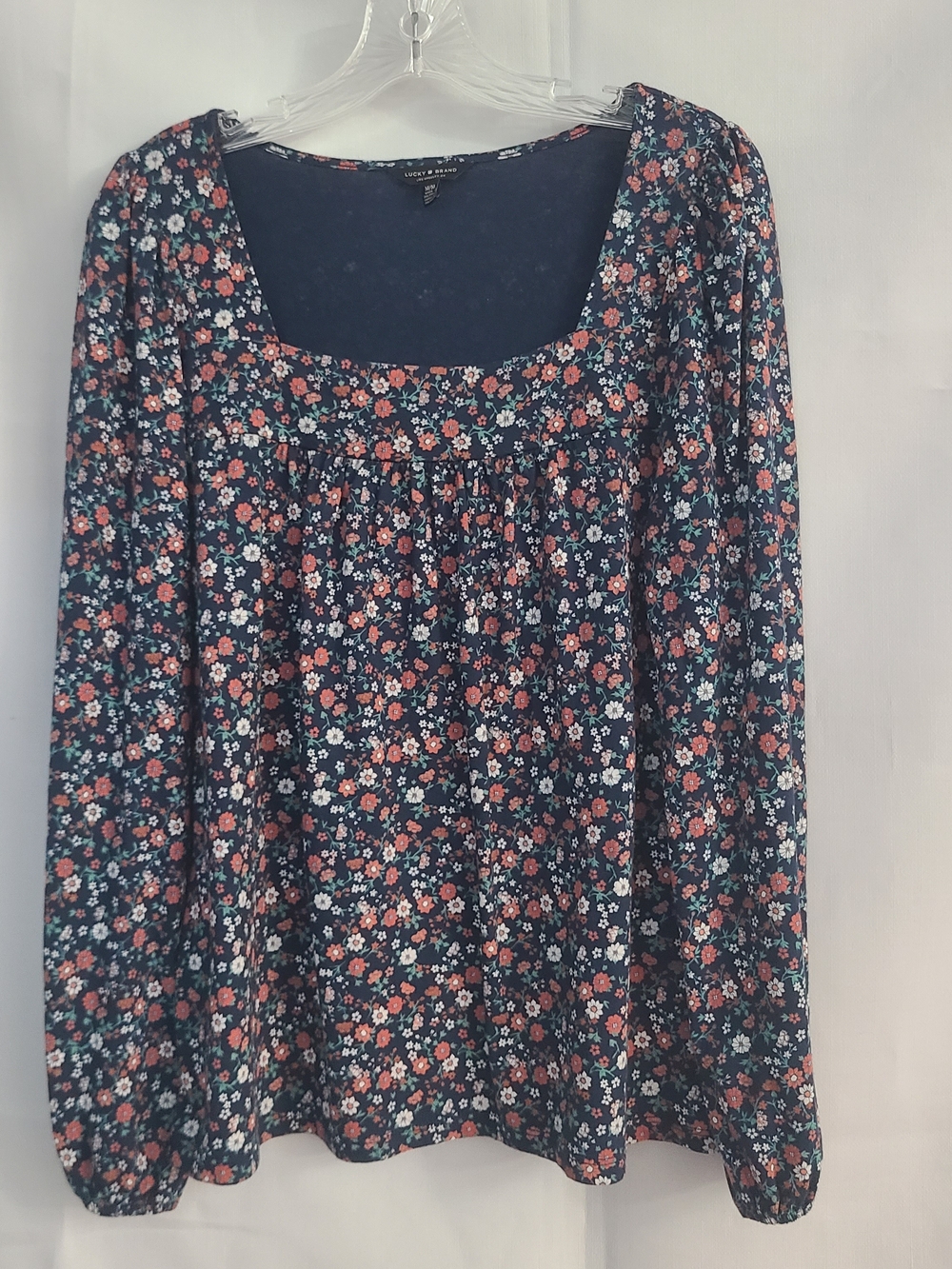 Lucky Brand Womens M Navy Floral Balloon Sleeve Square Neck Boho Peasant Blouse